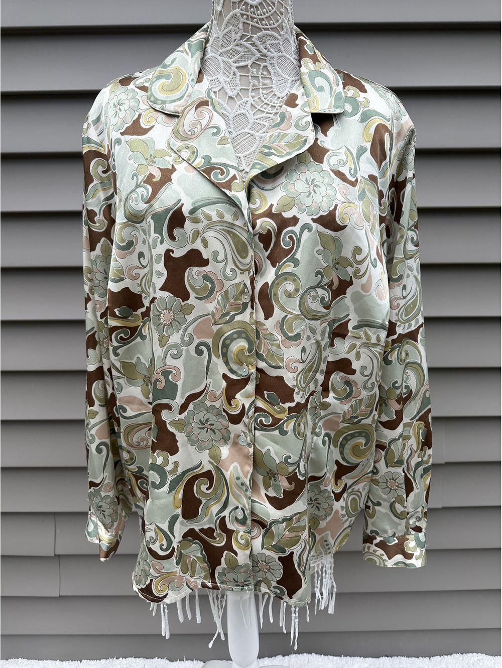 Alfred Dunner Vintage Satin Blouse in Green Brown Floral Paisley